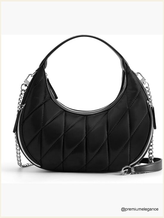 Handbags - Quilted Nylon Crescent Crossbody Bag with Chain Strap, Lightweight Hobo Purse